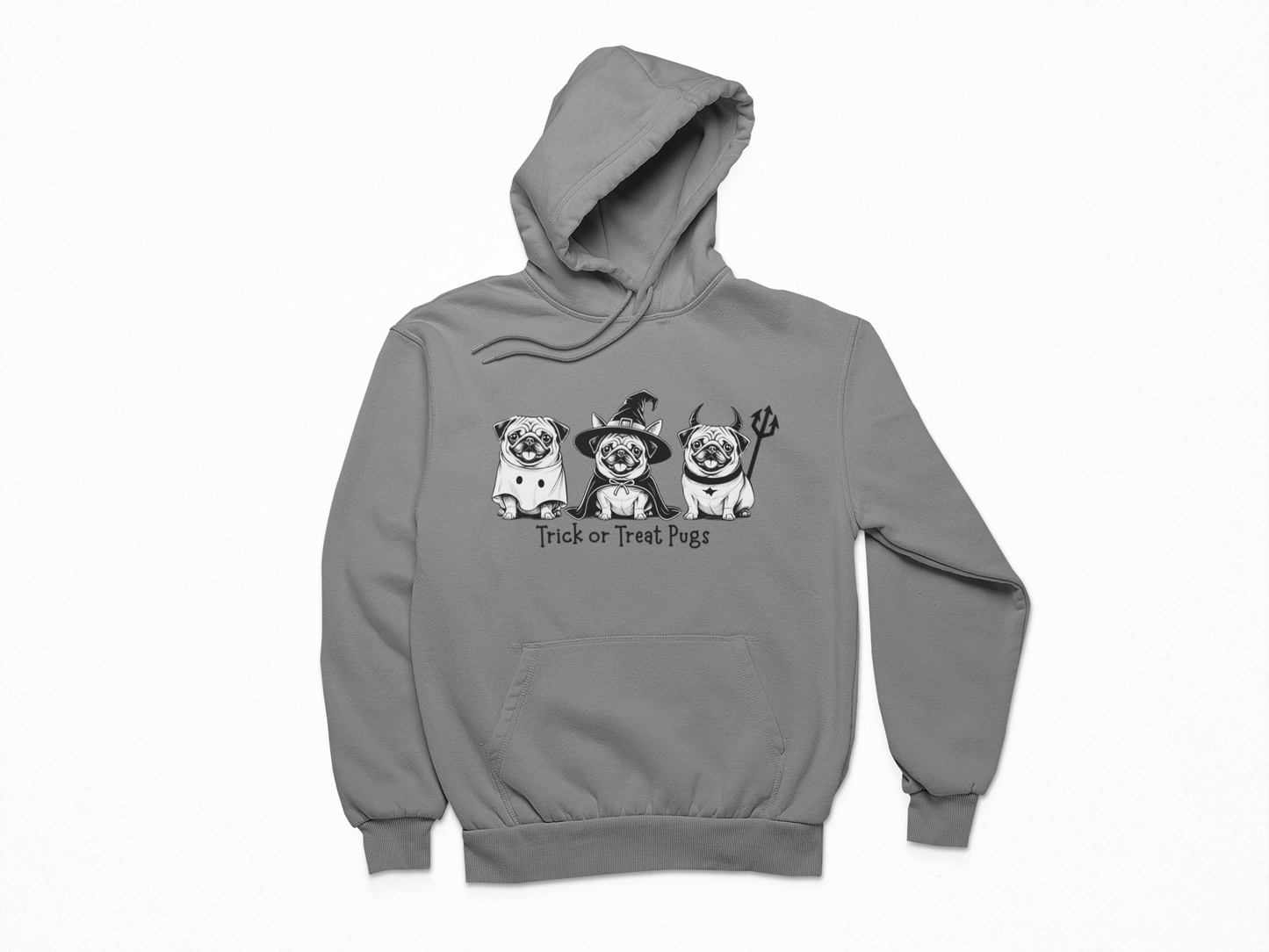 Grey Trick or Treat Pugs Halloween hoodie for dog lovers – cozy fall fashion gift