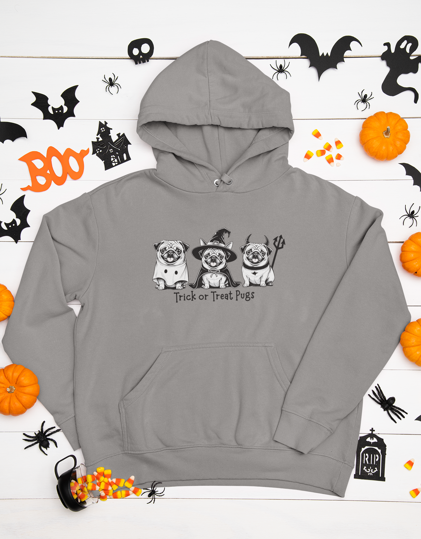 Grey Trick or Treat Pugs Halloween hoodie for dog lovers – cozy fall fashion gift