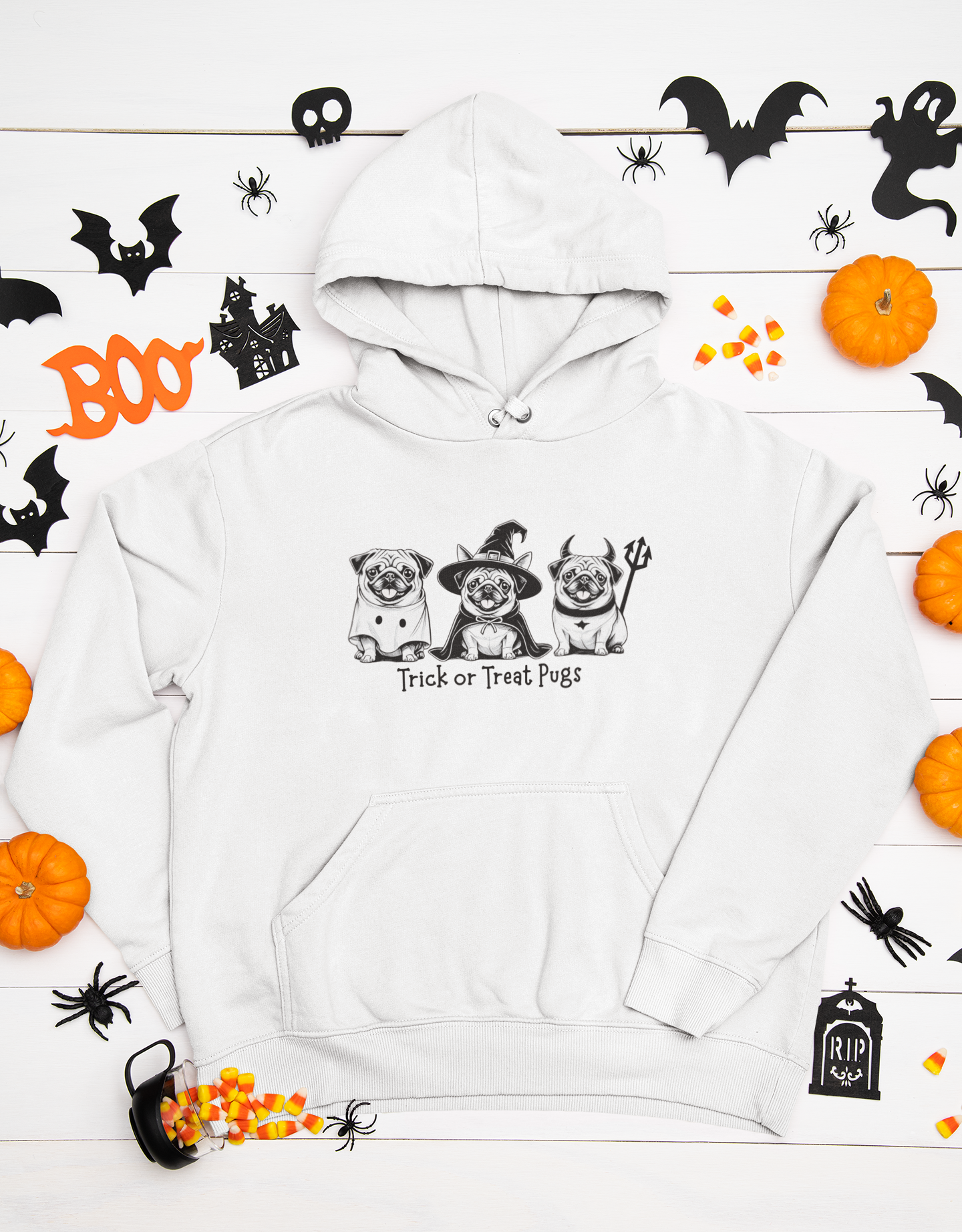 White Halloween hoodie with Trick or Treat Pugs design – ghost, witch, and devil pug