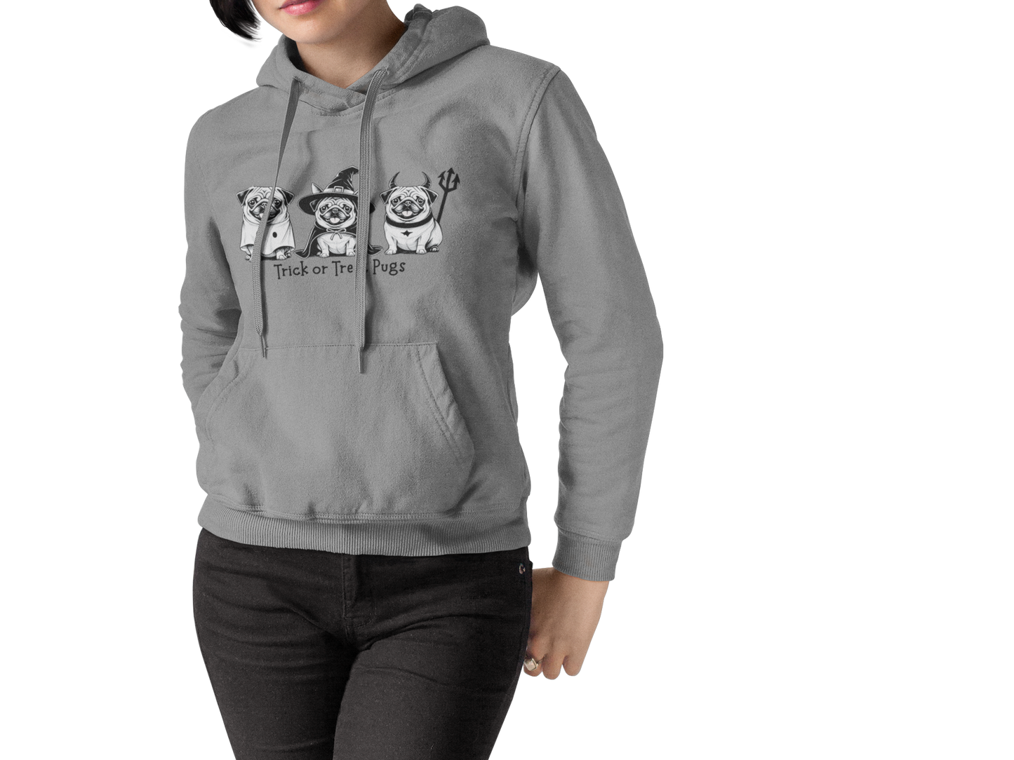 Grey Trick or Treat Pugs Halloween hoodie for dog lovers – cozy fall fashion gift