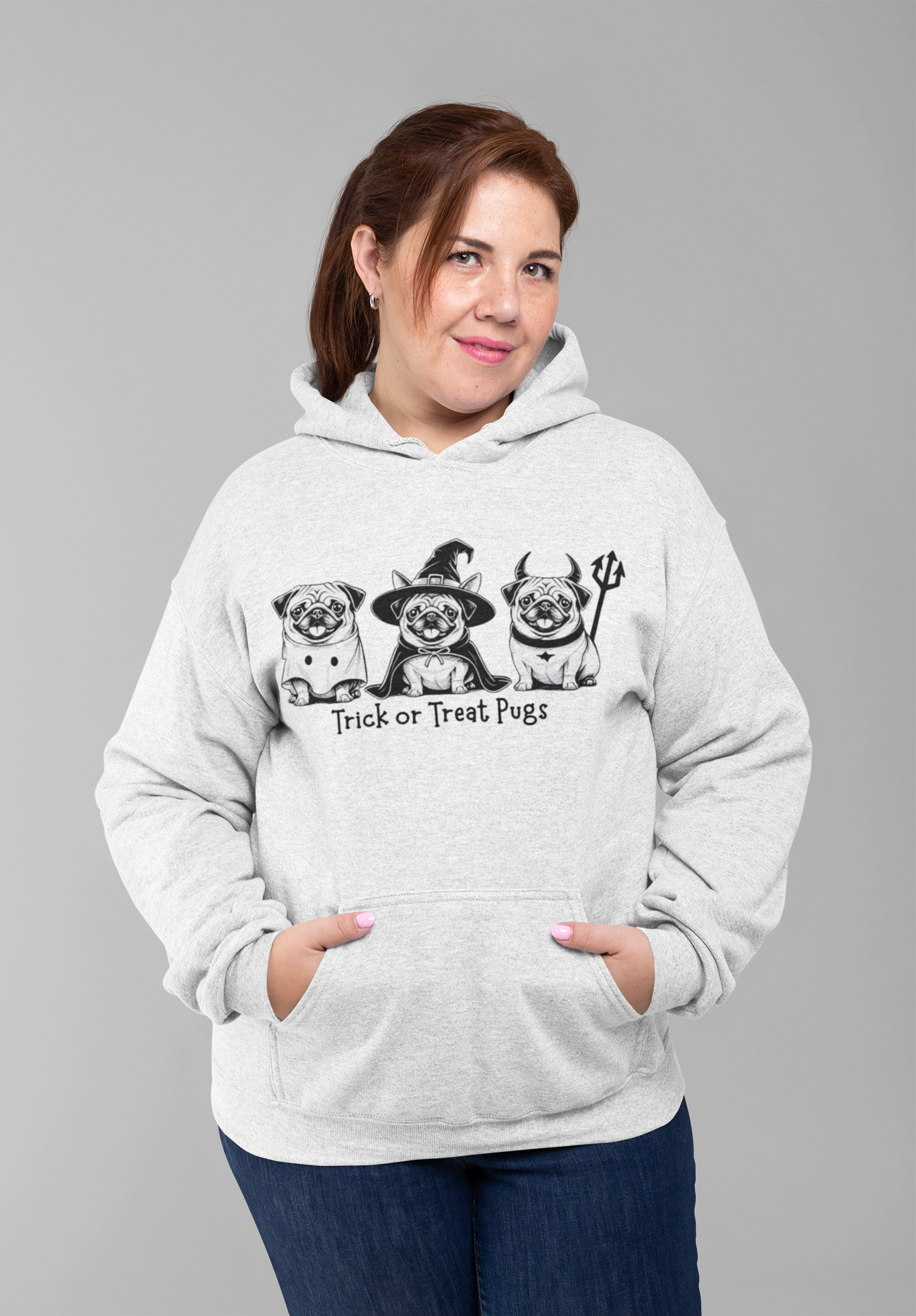 White Halloween hoodie with Trick or Treat Pugs design – ghost, witch, and devil pug