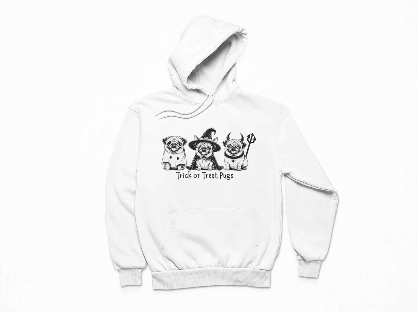 White Halloween hoodie with Trick or Treat Pugs design – ghost, witch, and devil pug