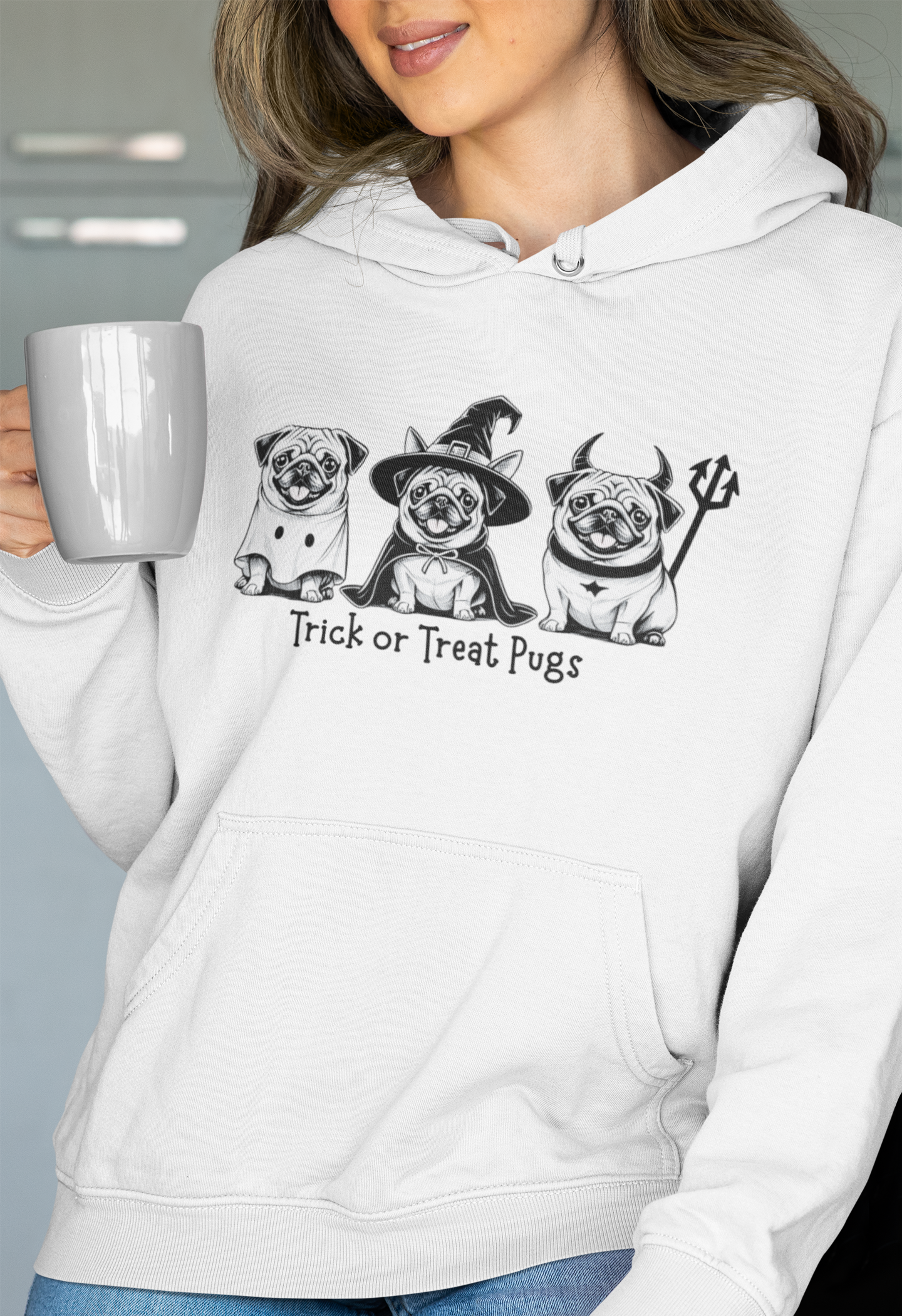 White Halloween hoodie with Trick or Treat Pugs design – ghost, witch, and devil pug