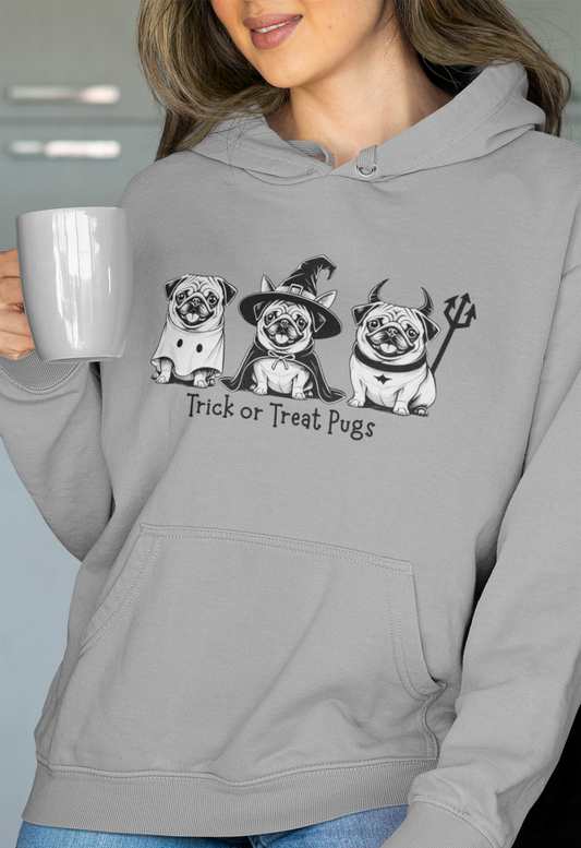 Grey Trick or Treat Pugs Halloween hoodie for dog lovers – cozy fall fashion gift