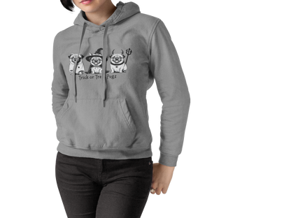 Grey Trick or Treat Pugs Halloween hoodie for dog lovers – cozy fall fashion gift