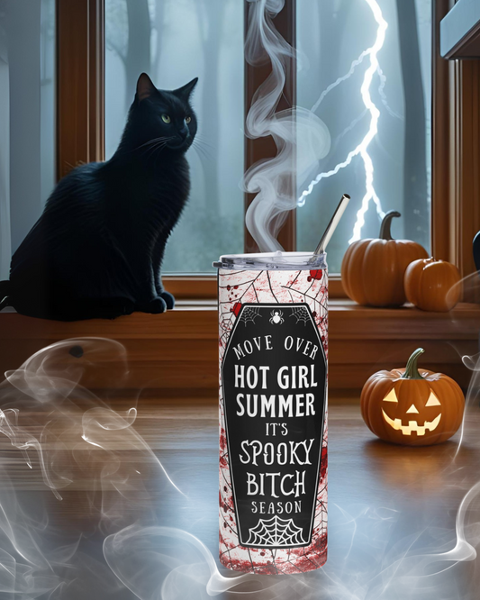 20oz Spooky Bitch Season Tumbler – Move Over Hot Girl Summer – Funny Halloween Cup with Lid & Straw – Stainless Steel Coffee & Wine Travel Mug